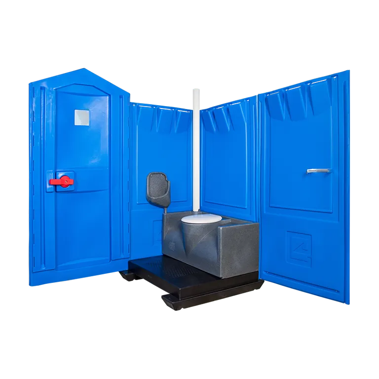 Geöffnete mobile Toilettenkabine Premium mit Sicht auf das Urinal und den geschlossenen Fäkalientank.