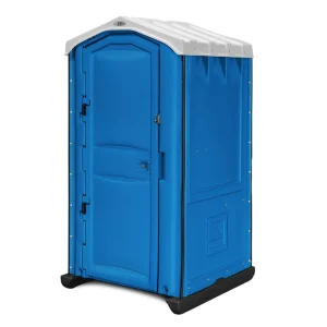 Seitenansicht einer blauen mobilen Toilette, ideal für die Platzierung auf engem Raum.