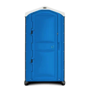 Klassische blaue Miettoilettenkabine mit weißem Dach für Events und Baustellen.