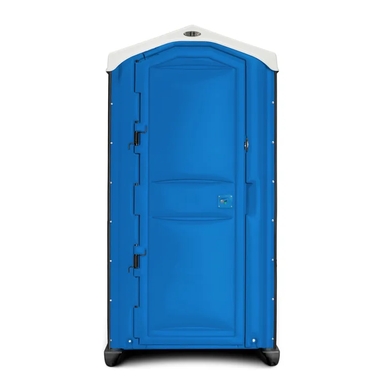 Klassische blaue Miettoilettenkabine mit weißem Dach für Events und Baustellen.